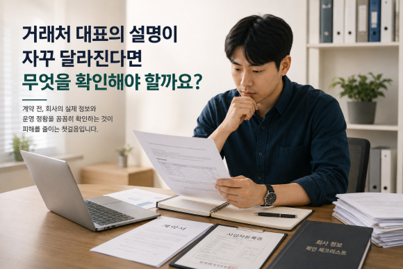 거래처 대표의 설명이 자꾸 달라진다면 무엇을 확인해야 할까요? - 거래를 시작할 때는 상대 회사와 대표의 설명을 믿고 진행하는 경우가 많습니다 관련 이미지