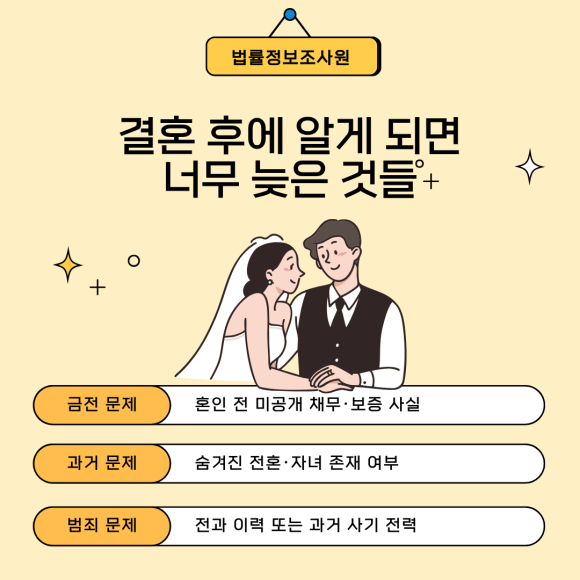 결혼 전 리스크 점검이 필요한 이유 - 혼인 신고 이후에 드러나는 숨겨진 채무, 전혼 사실, 전과 이력 이미지 2 결혼 전 리스크 점검이 필요한 이유 - 혼인 신고 이후에 드러나는 숨겨진 채무, 전혼 사실, 전과 이력 관련 이미지