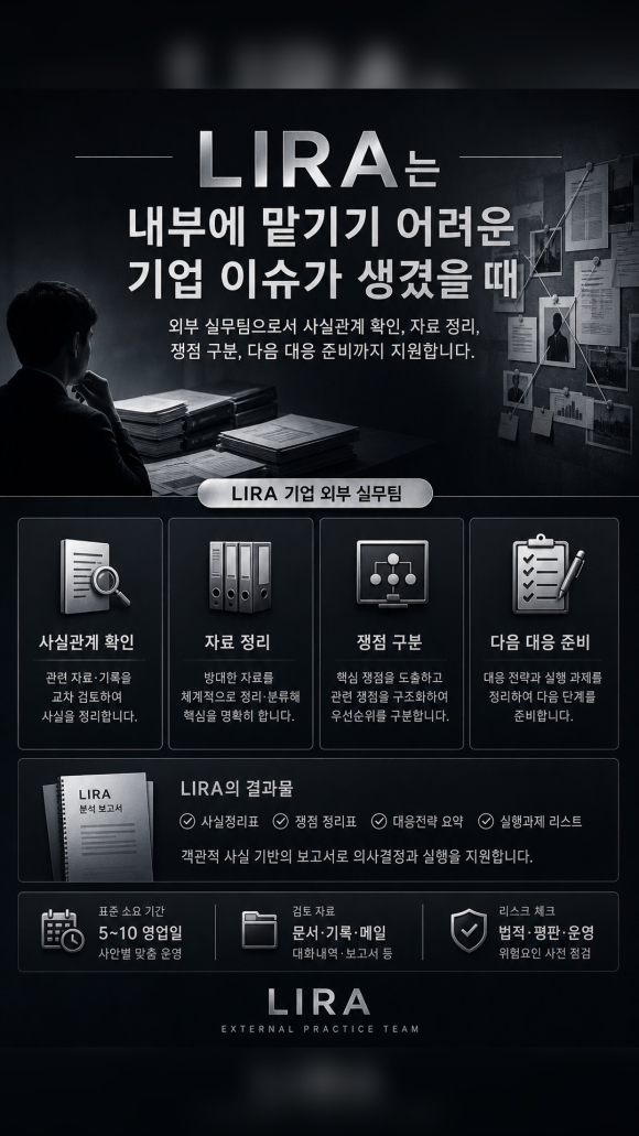 큰 계약을 앞둔 거래처 상태가 의심스럽다 - 탐정 사무소 - 대표가 조용히 판단할 수 있도록, LIRA가 외부 실무팀으로서 끝까지 책임… 관련 이미지