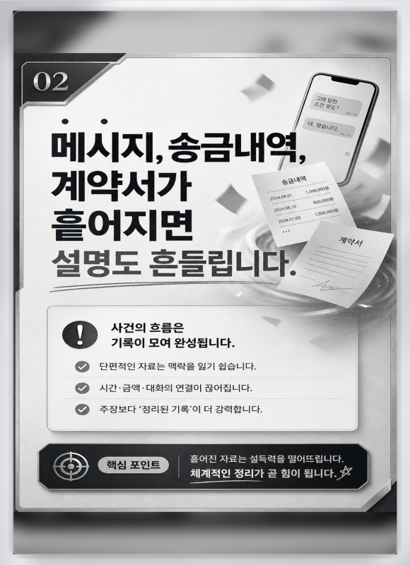 LIRA 사건자료 정리 서비스 - 흩어진 자료를 사건의 흐름으로 정리합니다 - 카카오톡, 문자, 녹취, 송금내역, 사진, 계약서까지 관련 이미지